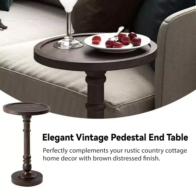 Table d'appoint piédestal ronde marron foncé, bois massif, lot de 2