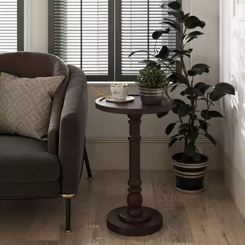 Table d'appoint piédestal ronde marron foncé, bois massif, lot de 2