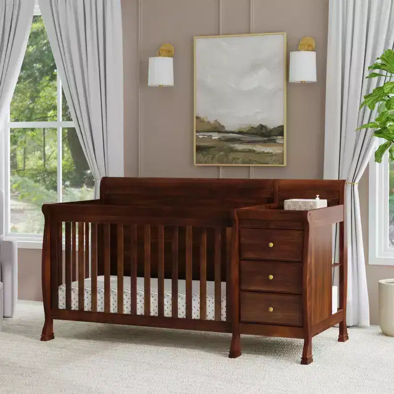 Lit de bébé et table à langer combinés 4-en-1 – Châtaignier / Espresso / Gris / Blanc, Unique