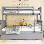 MAYEERTY Twin Rubber Wood Bunk Bed with Trundle Convertible Ladder and Guardrail Detachable Convertible Bed Gray