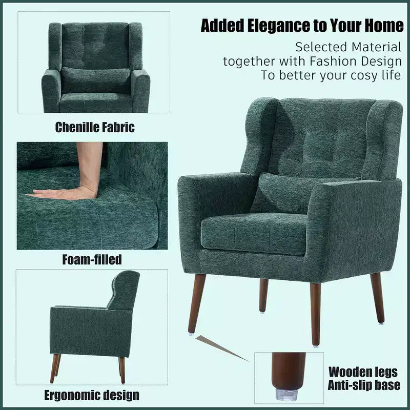 Fauteuil d'appoint en velours gris, dossier haut capitonné, une place, avec accoudoirs