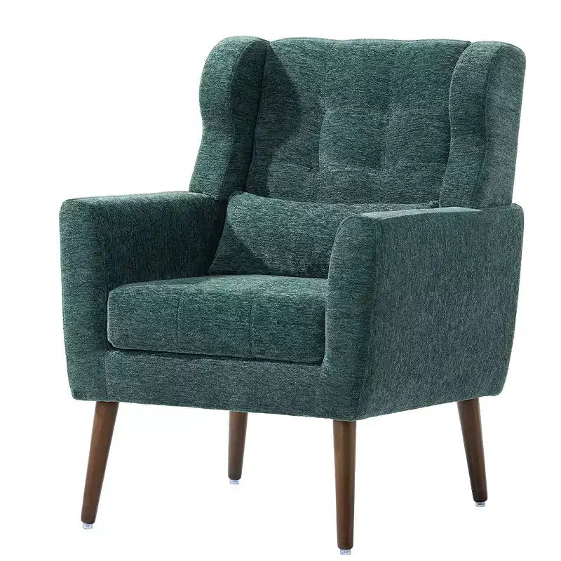 Fauteuil d'appoint en velours gris, dossier haut capitonné, une place, avec accoudoirs