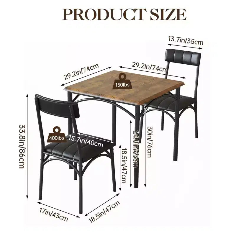 Ensemble table à manger carrée et 2 chaises rembourrées pour 2 personnes – Noir / Marron / Gris