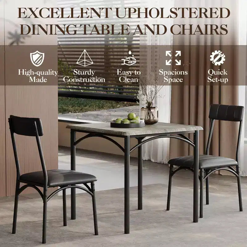 Ensemble table à manger carrée et 2 chaises rembourrées pour 2 personnes – Noir / Marron / Gris