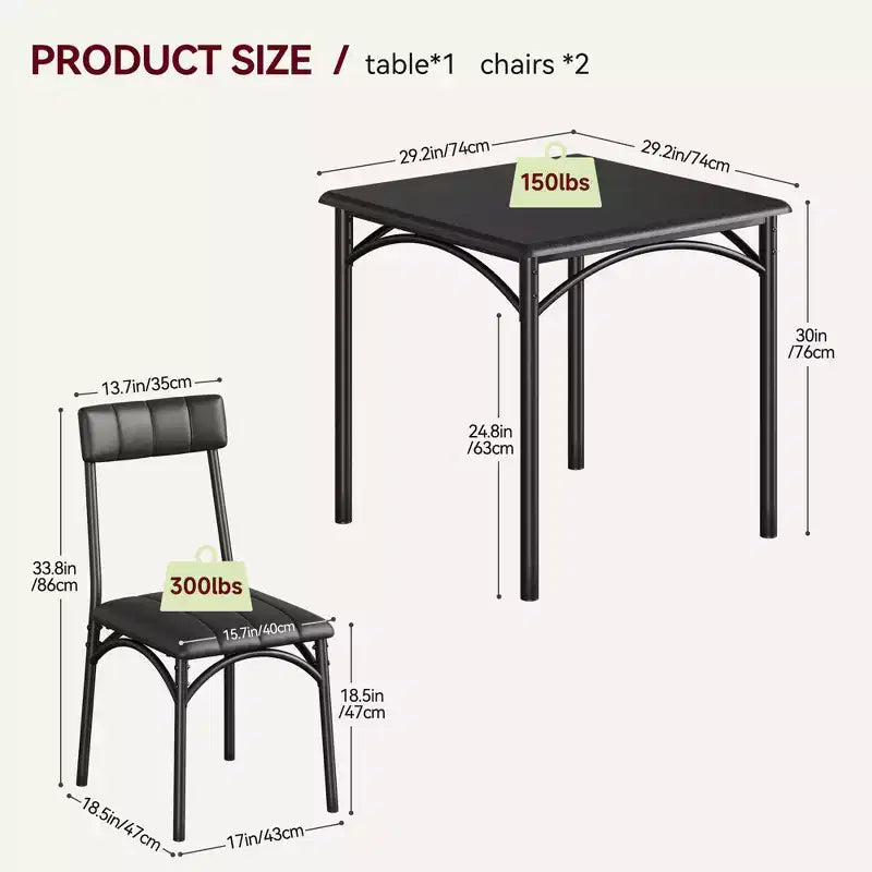 Ensemble table à manger carrée et 2 chaises rembourrées pour 2 personnes – Noir / Marron / Gris