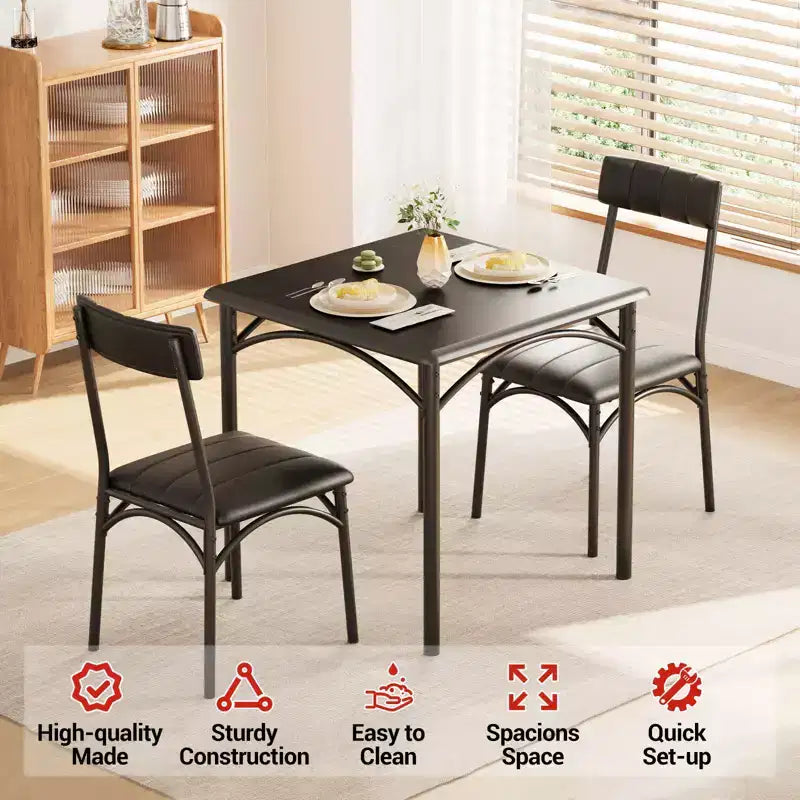 Ensemble table à manger carrée et 2 chaises rembourrées pour 2 personnes – Noir / Marron / Gris