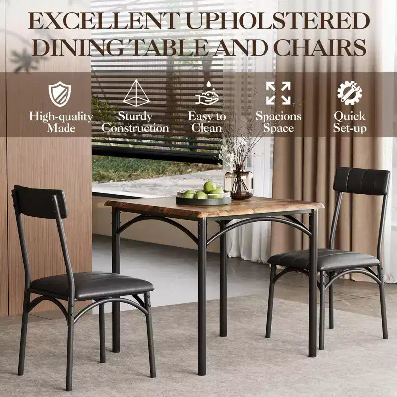 Ensemble table à manger carrée et 2 chaises rembourrées pour 2 personnes – Noir / Marron / Gris