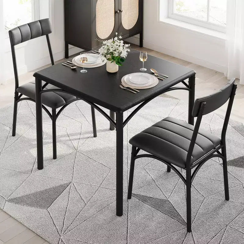 Dining Table Set for 2, Square Kitchen Table and Chairs Set with Upholstered Chairs, Metal Frame and MDF Tabletop, for Small Spaces, Breakfast