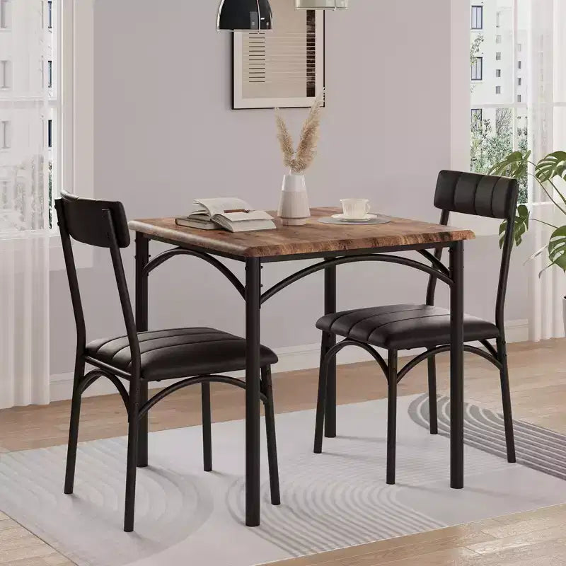 Ensemble table à manger carrée et 2 chaises rembourrées pour 2 personnes – Noir / Marron / Gris