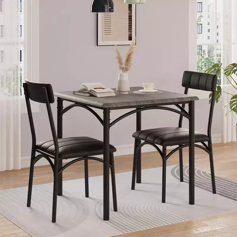 Ensemble table à manger carrée et 2 chaises rembourrées pour 2 personnes – Noir / Marron / Gris
