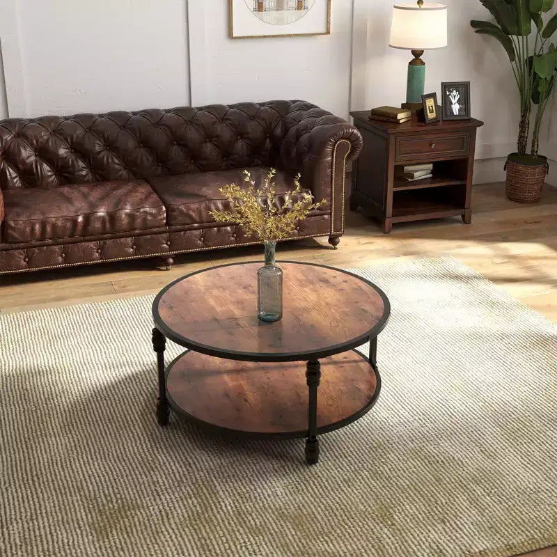 Table basse ronde à 2 niveaux marron avec cadre en métal – Pour 1