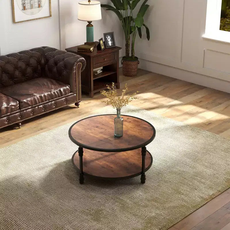 Table basse ronde à 2 niveaux marron avec cadre en métal – Pour 1