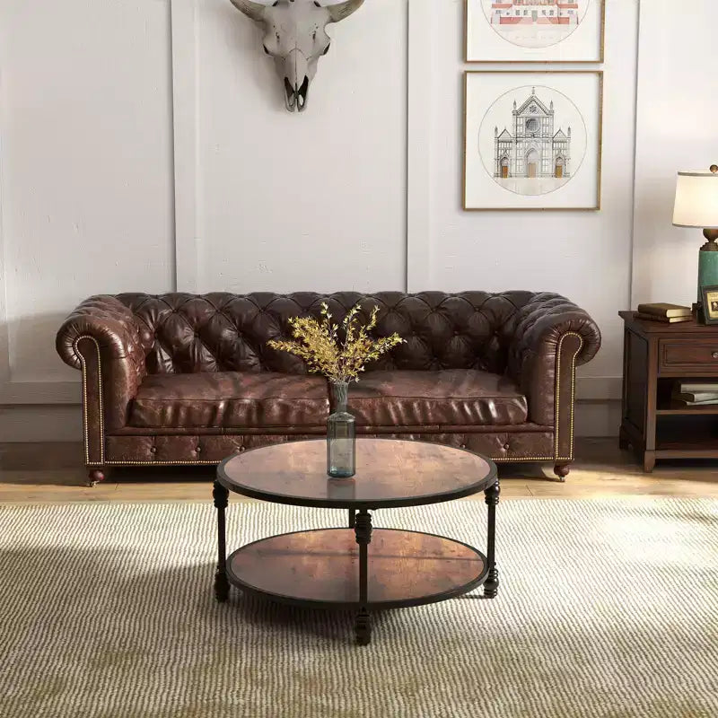 Table basse ronde à 2 niveaux marron avec cadre en métal – Pour 1