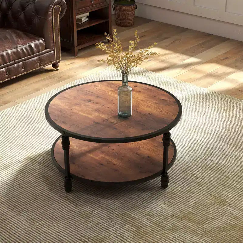 Table basse ronde à 2 niveaux marron avec cadre en métal – Pour 1