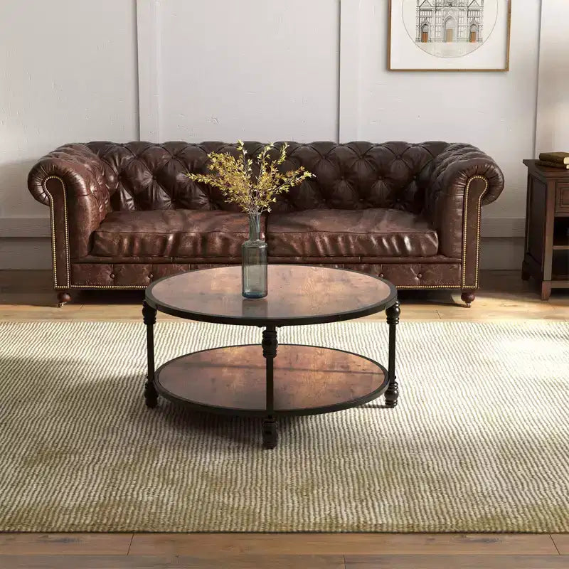 Table basse ronde à 2 niveaux marron avec cadre en métal – Pour 1