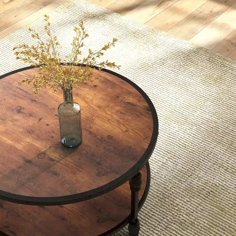 Table basse ronde à 2 niveaux marron avec cadre en métal – Pour 1