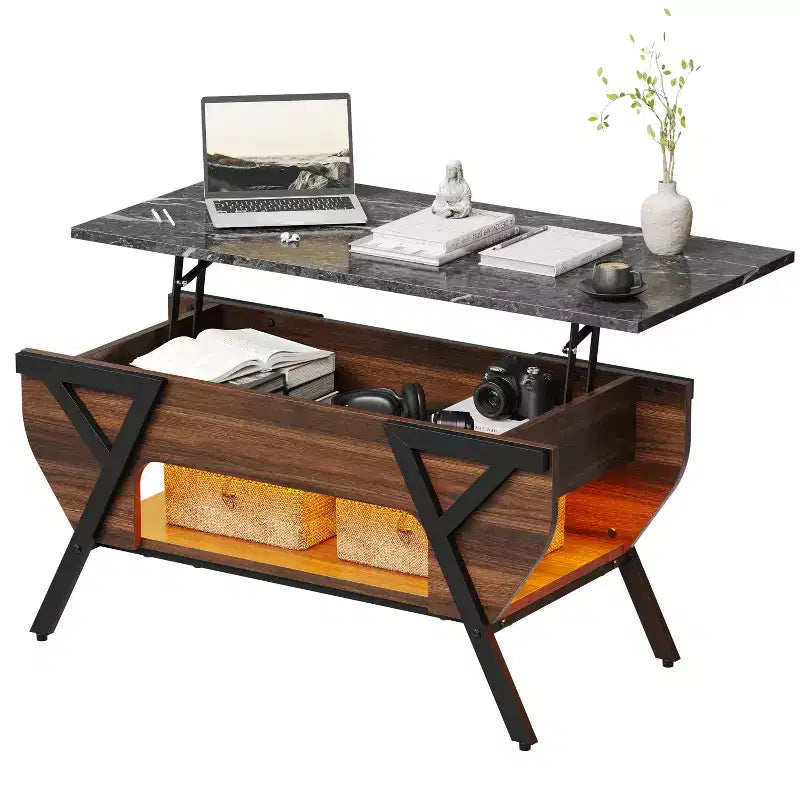 Bestier Lift-Top Coffee Table with Storage Shelf, 41 LED Lift Tabletop Dining Table for Living Room, Sofa Side Table Modern Center Table, Walnut