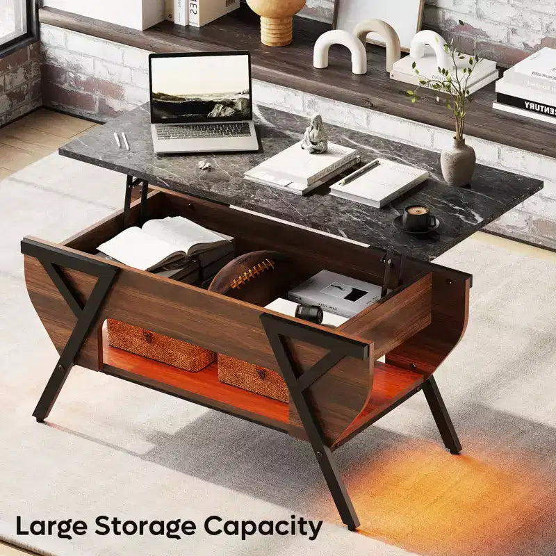 Table basse relevable noire et marron avec lumières LED RVB et étagère de rangement, design 2-en-1, 1 personne