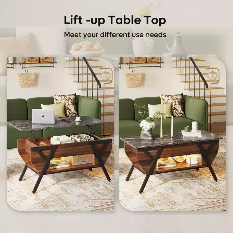 Table basse relevable noire et marron avec lumières LED RVB et étagère de rangement, design 2-en-1, 1 personne