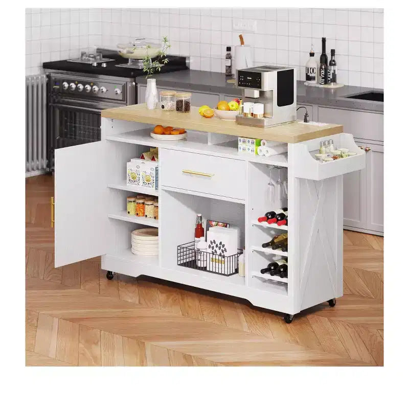 53 inch Rolling Kitchen Island Cart Utility Trolley Cabinet Storage With Power Outlet Glass Holder Spice Rack, White
