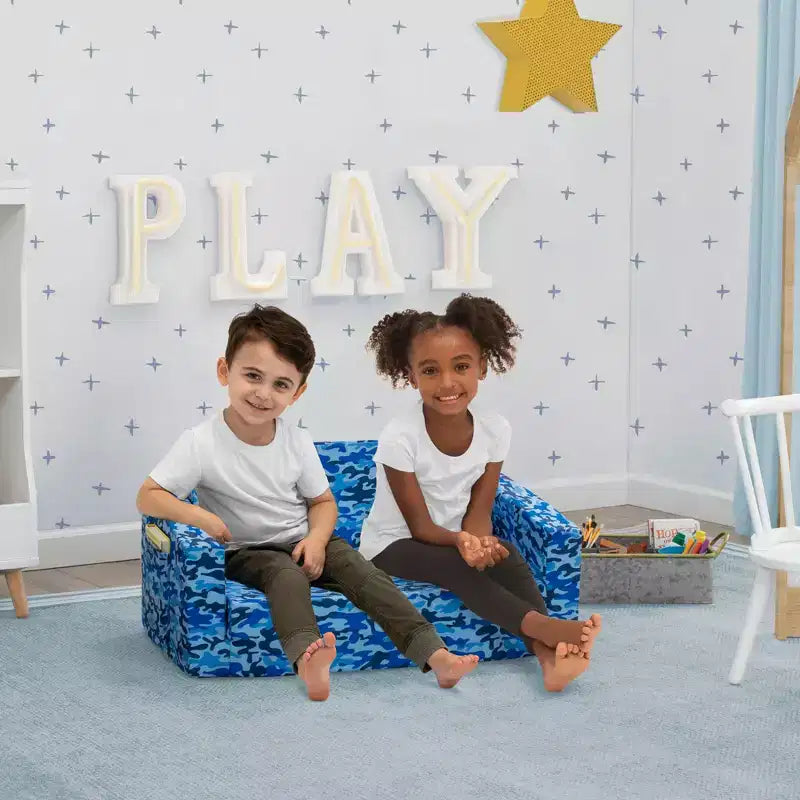 Canapé-lit convertible pour enfants – Beige / Camouflage bleu / Tie-dye rose, 3 places