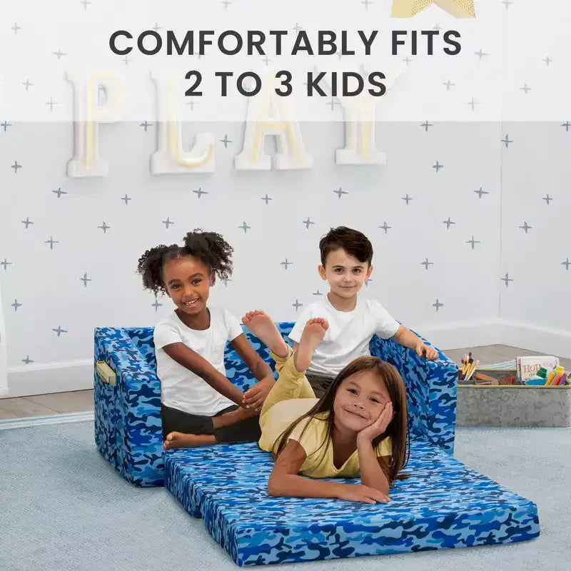 Canapé-lit convertible pour enfants – Beige / Camouflage bleu / Tie-dye rose, 3 places