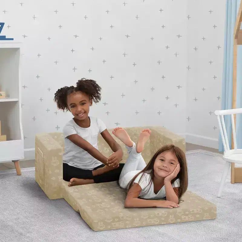 Canapé-lit convertible pour enfants – Beige / Camouflage bleu / Tie-dye rose, 3 places
