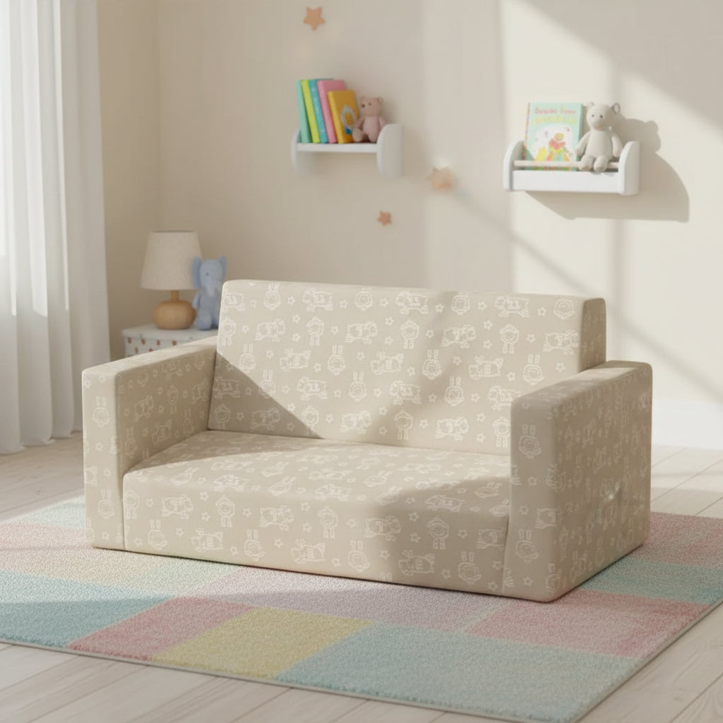 Canapé-lit convertible pour enfants – Beige / Camouflage bleu / Tie-dye rose, 3 places