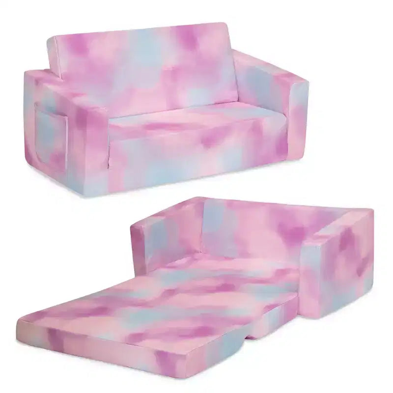 Canapé-lit convertible pour enfants – Beige / Camouflage bleu / Tie-dye rose, 3 places