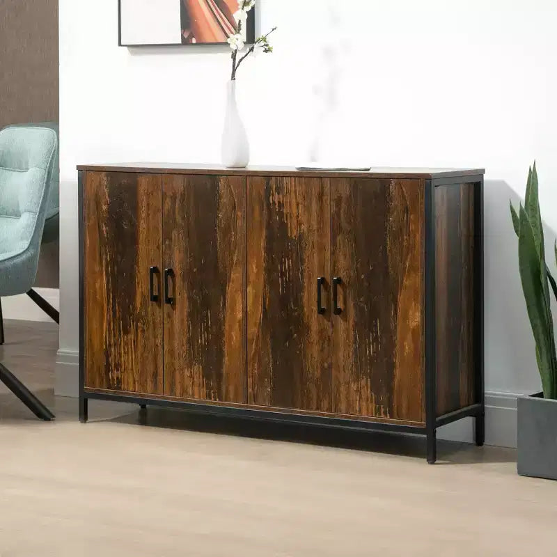 Bahut industriel marron rustique à 4 portes avec étagères réglables