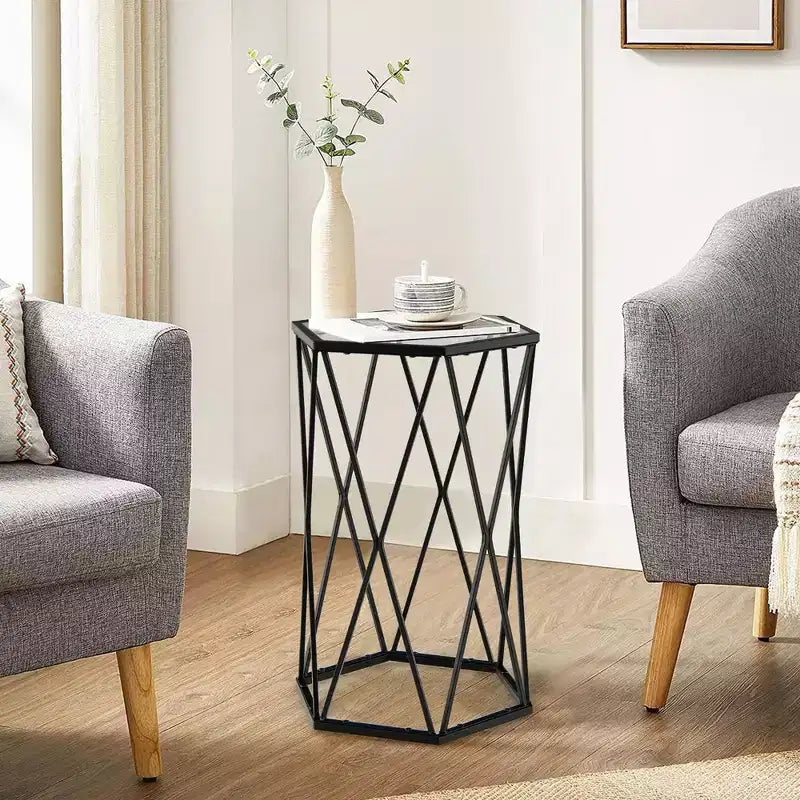 Table d'appoint ronde avec plateau en verre et cadre en métal noir pour 1