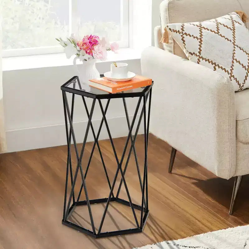 Table d'appoint ronde avec plateau en verre et cadre en métal noir pour 1