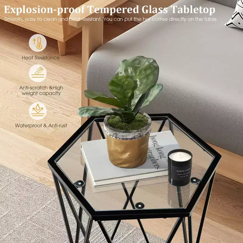 Table d'appoint ronde avec plateau en verre et cadre en métal noir pour 1