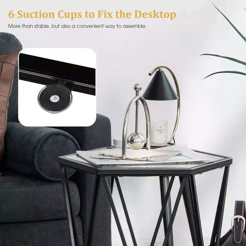 Table d'appoint ronde avec plateau en verre et cadre en métal noir pour 1