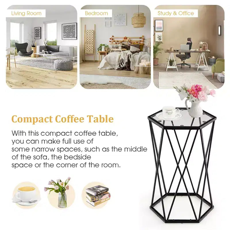 Table d'appoint ronde avec plateau en verre et cadre en métal noir pour 1