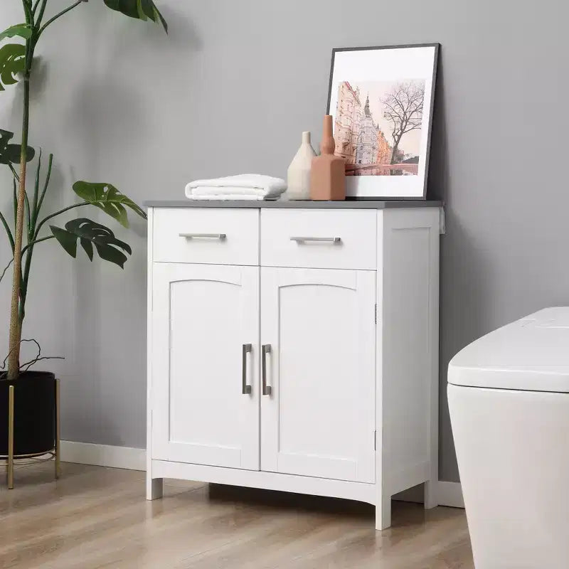Meuble bas de salle de bain blanc autoportant avec 2 tiroirs, doubles portes et étagère réglable