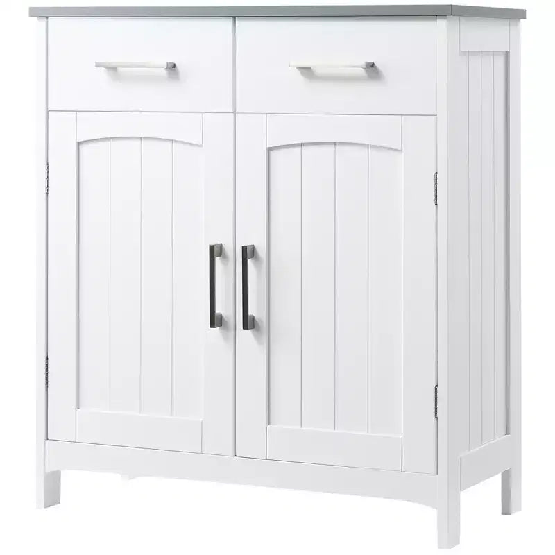 Meuble bas de salle de bain blanc autoportant avec 2 tiroirs, doubles portes et étagère réglable