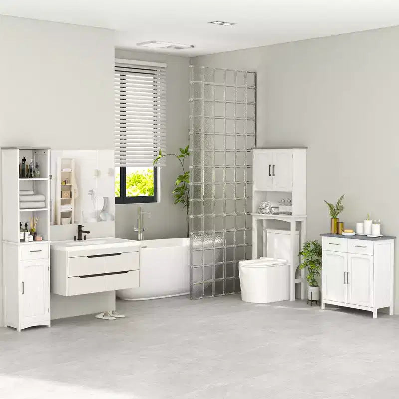 Meuble bas de salle de bain blanc autoportant avec 2 tiroirs, doubles portes et étagère réglable