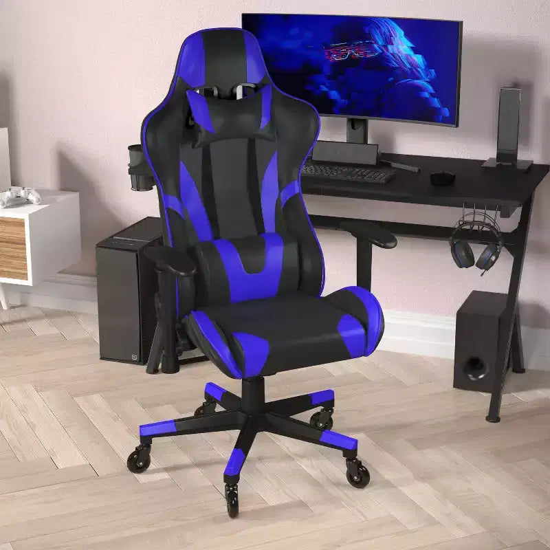 Chaise de gaming style course noir/bleu/gris/rouge, 2 places, inclinable, hauteur réglable