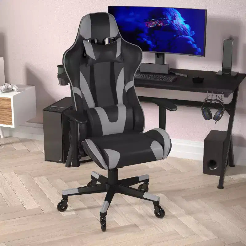Chaise de gaming style course noir/bleu/gris/rouge, 2 places, inclinable, hauteur réglable