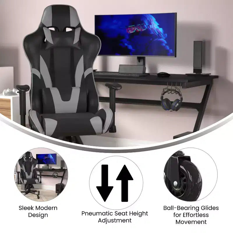 Chaise de gaming style course noir/bleu/gris/rouge, 2 places, inclinable, hauteur réglable