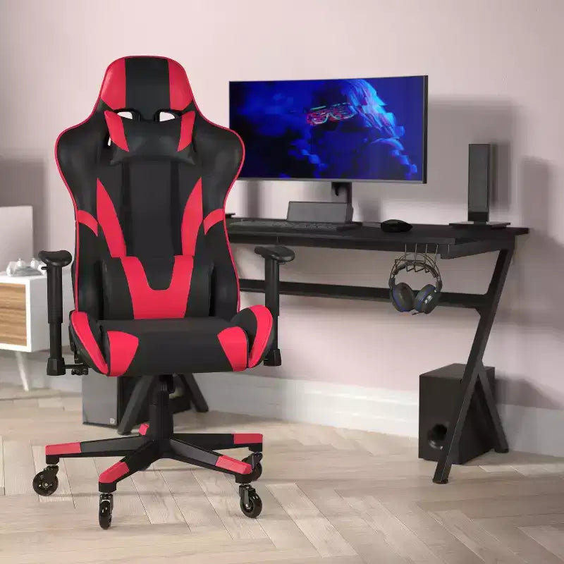 Chaise de gaming style course noir/bleu/gris/rouge, 2 places, inclinable, hauteur réglable