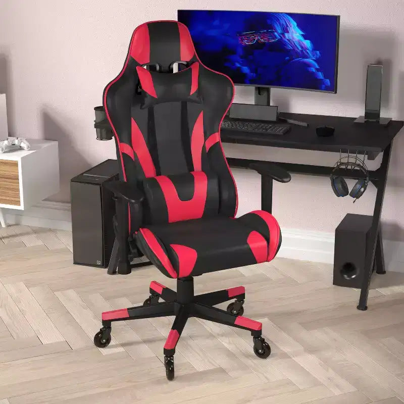 Chaise de gaming style course noir/bleu/gris/rouge, 2 places, inclinable, hauteur réglable