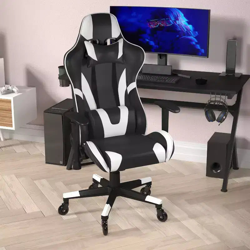 Chaise de gaming style course noir/bleu/gris/rouge, 2 places, inclinable, hauteur réglable