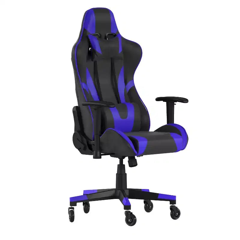 Chaise de gaming style course noir/bleu/gris/rouge, 2 places, inclinable, hauteur réglable