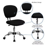 Chaise de bureau pivotante sans accoudoirs à dossier mi-haut en maille, monoposte – Plusieurs coloris