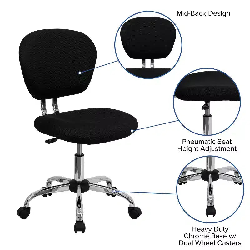 Chaise de bureau pivotante sans accoudoirs à dossier mi-haut en maille, monoposte – Plusieurs coloris