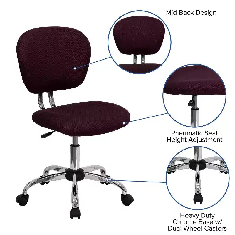 Chaise de bureau pivotante sans accoudoirs à dossier mi-haut en maille, monoposte – Plusieurs coloris
