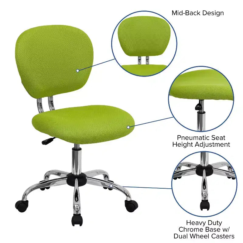 Chaise de bureau pivotante sans accoudoirs à dossier mi-haut en maille, monoposte – Plusieurs coloris