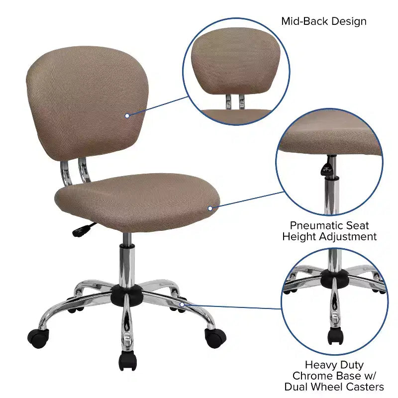 Chaise de bureau pivotante sans accoudoirs à dossier mi-haut en maille, monoposte – Plusieurs coloris